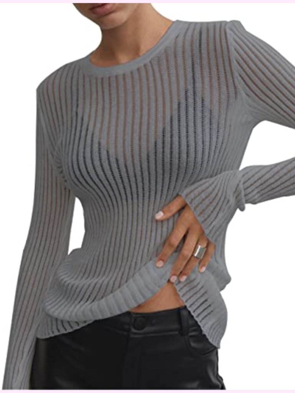 Sheer Mesh Knitted Sweater Solid Long Sleeve Loose Fit Knit Pullover Jumper Top